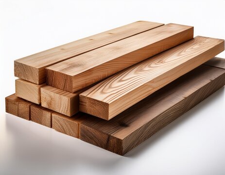 pile of premium timber planks with natural wood grain isolated on white background