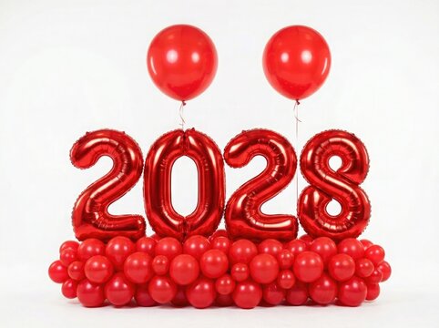 Red balloon arrangement spelling 2028 with smaller balloons on a white background
