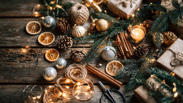 Festive christmas flatlay with ornaments pine branches cinnamon and glowing lights on rustic wood