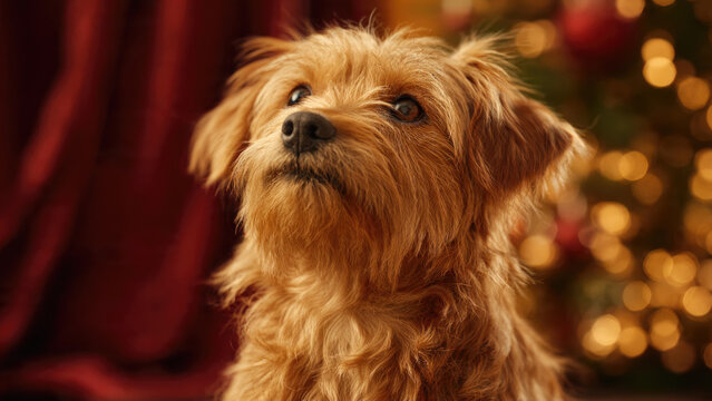 Adorable yorkshire terrier puppy looking up with christmas tree lights in the background