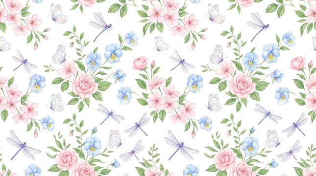 Seamless pattern with pink flowers and blue dragonflies