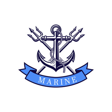 Nautical marine logo featuring an anchor crossed with tridents and a ribbon vector.