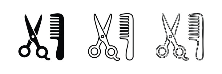 Scissors and comb hairdressing icon set, Hair salon equipment symbols in solid, outline, and sketch styles © Pixel Hub