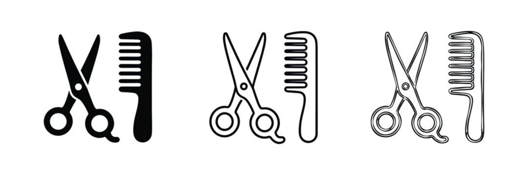 Scissors and comb hairdressing icon set, Hair salon equipment symbols in solid, outline, and sketch styles