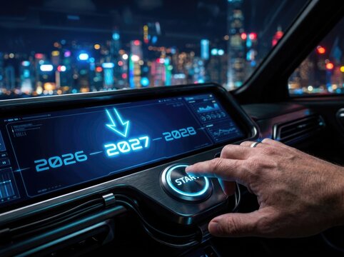 Futuristic car dashboard display showing dates and data with a hand pressing a start button