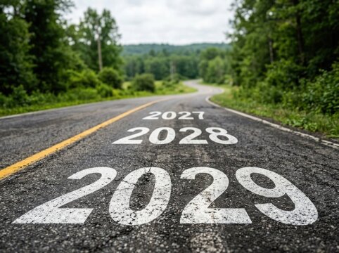 Road leading to the future with years 2027 2028 and 2029 painted on asphalt