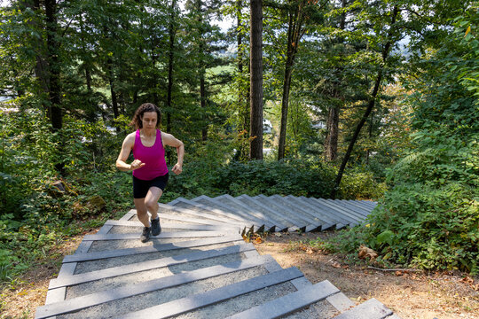 Woman Running Stairs for Outdoor Fitness Training on Little Mountain Stairs in Chilliwack BC Canada