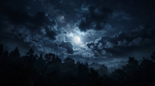 Dramatic night landscape with moonlight shining through dark storm clouds and silhouetted trees