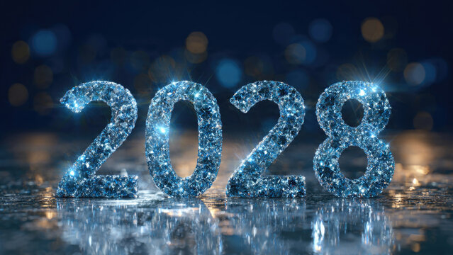 Sparkling blue diamond numbers 2028 on reflective surface with blurred bokeh background