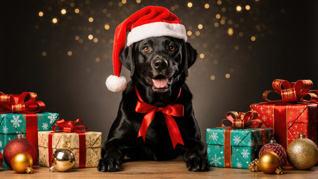 Black labrador retriever wearing a santa hat with christmas gifts and decorations