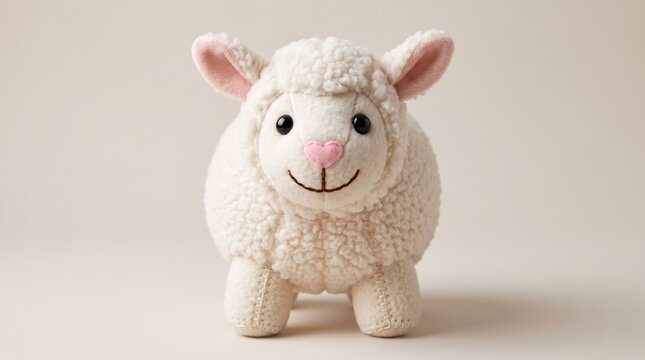 Adorable plush sheep toy, cute white lamb stuffed animal on neutral background, soft woolly sheep character for nursery decor