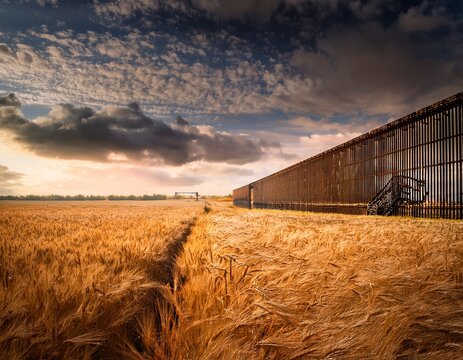 surreal landscape with golden wheat field leading to a weathered industrial barrier under a distressed abstract sky