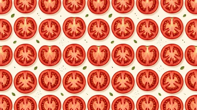 Seamless tomato slice pattern, fresh red vegetable cross sections on white background, organic food texture for kitchen wallpaper
