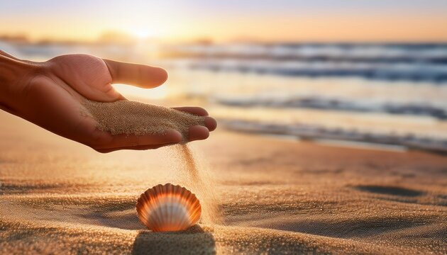 seashell in hand a hand slowly sifting through sand to pick up a seashell symbolizing discovery and the treasures of the sea