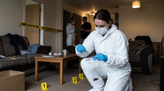 Forensic investigators collect evidence at a crime scene in a messy apartment with yellow tape