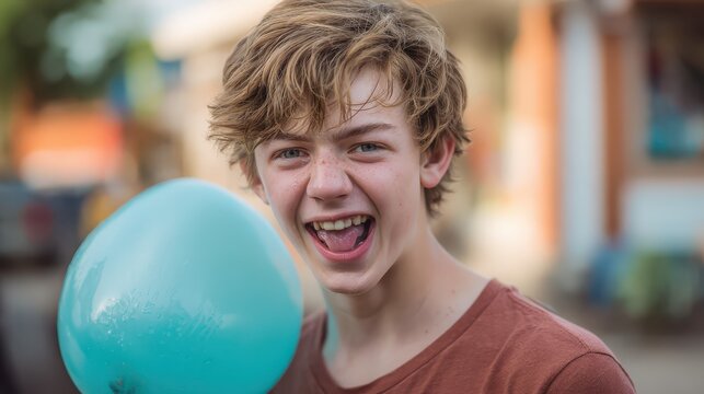 Teenager with mischievous grin holding water balloon, Teenager grinning mischievously while holding a water balloon