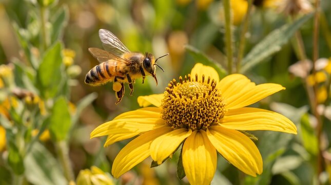 Honey bee flying near yellow wildflower, macro honeybee pollinating sunflower in summer garden, nature insect close up