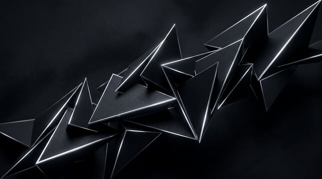 Abstract 3D floating obsidian triangular shapes with sharp metallic highlights.