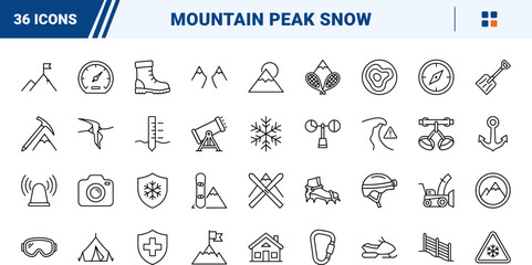 Fototapeta premium Mountain Peak Snow line icon set. Vector pictograms of alpine, winter, summit, and skiing elements, thin linear illustration.