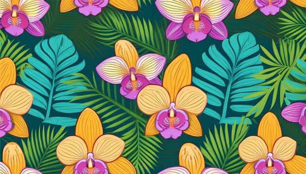 vibrant seamless pattern with tropical leaves and orchids in summer