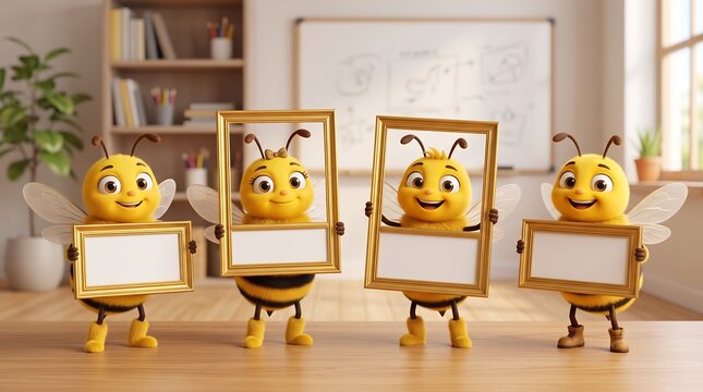 Cute cartoon bees holding blank gold frames in classroom, friendly bumblebee characters with empty signs, school education concept