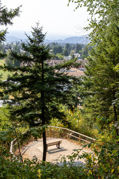 Park Bench Overlook Through Evergreens At Little Mountain Stairs With View Of Chilliwack BC Canada