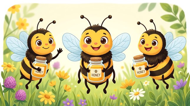 Cute cartoon honey bees holding honey jars, friendly bumblebee characters in spring flower garden, whimsical insect illustration