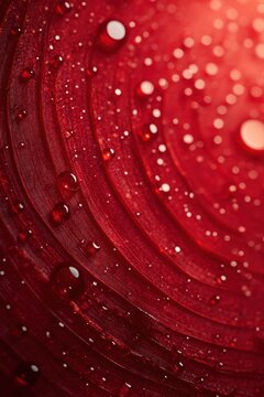 Close-up view of red surface with water droplets showing intricate texture and reflections at high magnification