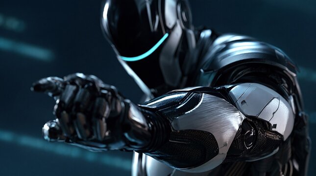 Commercial Photo of Black and White Humanoid Robot Interacting with Blurred Code for AI Software Concept

