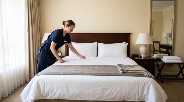 Hotel housekeeper making a bed with fresh white linens and neatly folded blankets in a hotel room
