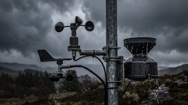 Weather station with anemometer and rain gauge in stormy weather with heavy rain and dark clouds