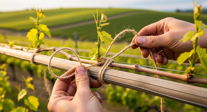 Vineyard worker tying young vine to wooden trellis