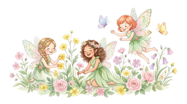 Cute little fairies playing in a beautiful flower garden