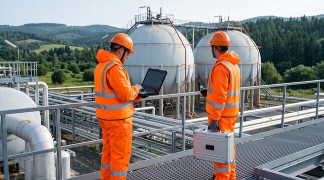 Industrial engineers in orange safety gear at gas plant, oil refinery workers with laptop and equipment, energy sector technicians