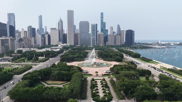 Aerial View of Buckingham Fountain Centered in Grant Park with Chicago Skyline and Lake Michigan&rdquo; on August 10 2026 