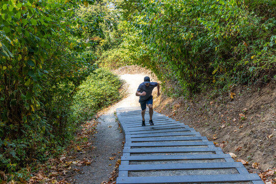 Trail Runner Training Up Little Mountain Stairs in Chilliwack BC Canada Surrounded by Green Forest