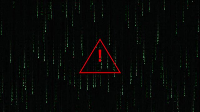 Warning sign with an exclamation mark in a digital matrix background