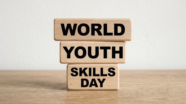 World Youth Skills Day text on wooden blocks, educational concept for professional development, stacked timber bricks on table