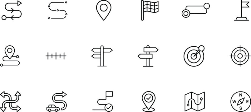 Navigation and Wayfinding Outline Icons for Apps, Websites, Maps, Travel Branding and Location Design