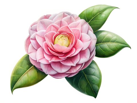 Pink camellia flower with green leaves - Beautiful pink camellia bloom with glossy green leaves, detailed and realistic illustration.