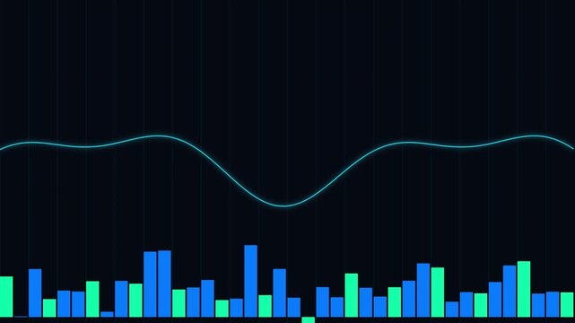Vibrant graph with a wavy line and colorful bars on a dark background