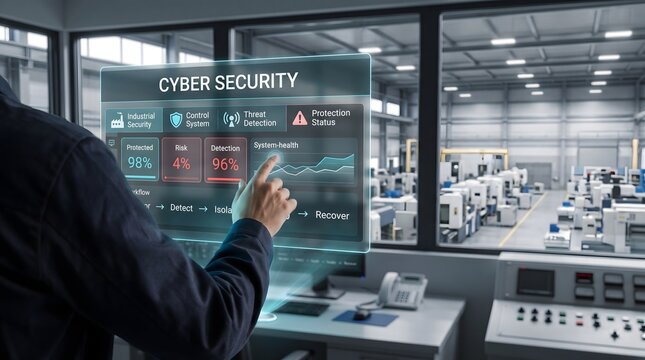A security professional monitoring a digital cyber security interface in a modern high tech factory control room environment