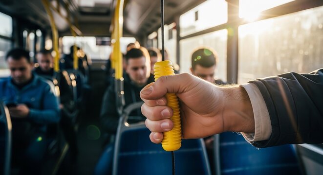 Close-up of a commuter holding onto a yellow handrail handle inside a public bus with passengers in the background