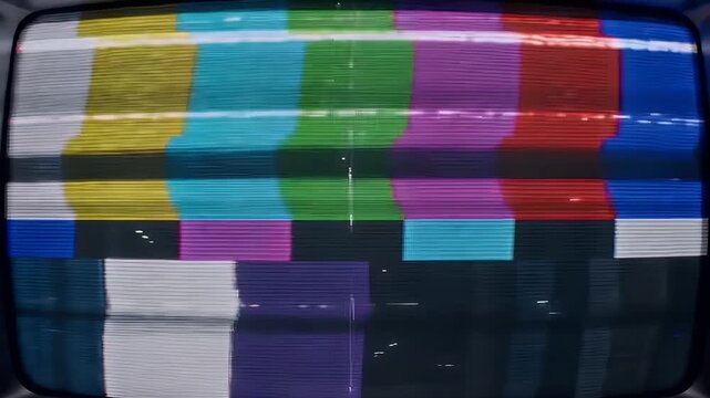 Retro Television Screen Showing Color Bars Test Pattern with Analog Glitch Interference and Static Noise Effect