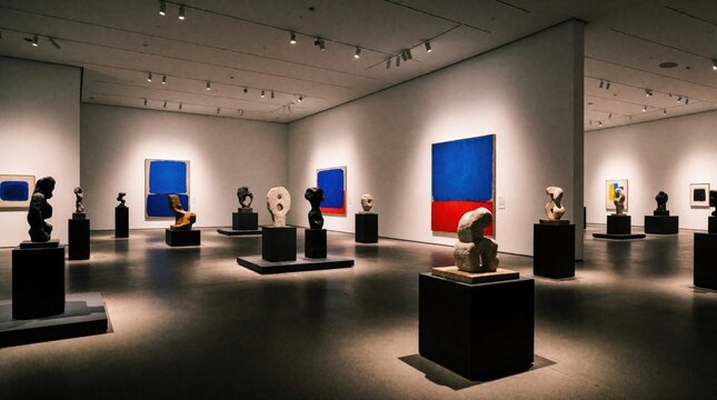 Modern art gallery showcases abstract sculptures and bold paintings. Soft spotlights illuminate displays on pedestals across polished floors. Contemporary exhibition interior with minimalist design.