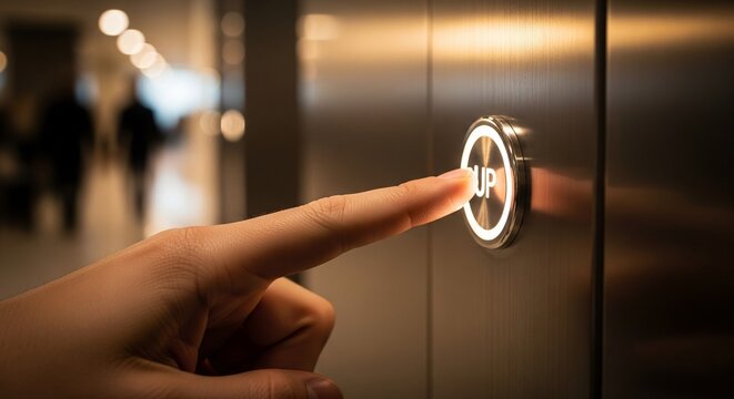 Close-up shot of a hand pressing a lit-up elevator button marked with the word UP in a contemporary interior
