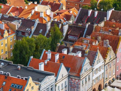 Aerial view of the historic old town rooftops in Olsztyn, Warmian-Masurian Voiv, Poland.