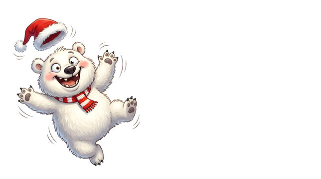 An irresistibly goofy cartoon Christmas polar bear with wild sparkling eyes, enormous crooked grin, puffed cheeks, tiny paws flailing in different directions, fluffy white fur, Santa hat flying 