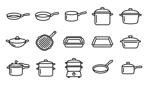 A collection of kitchen cookware icons created by a professional vector illustrator featuring various pots and pans for cooking
