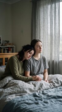 Two young women sit on a bed in supportive silence. One leans on the other holding hands in a moment of grief or vulnerability. Ideal for mental health awareness or therapy content.